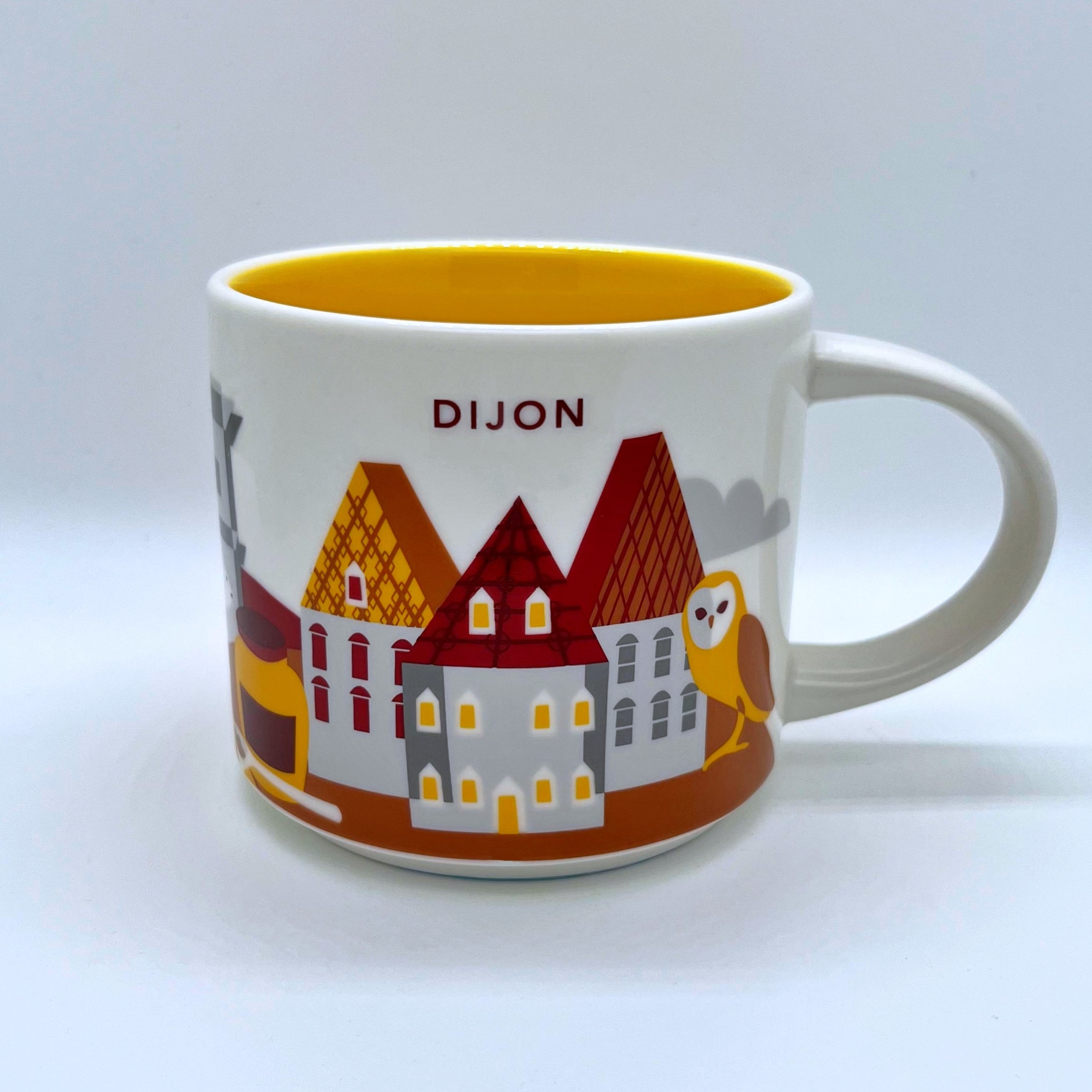 Kaffee Tee und Cappuccino Tasse von Starbucks mit gemalten Bildern aus der Stadt Dijon