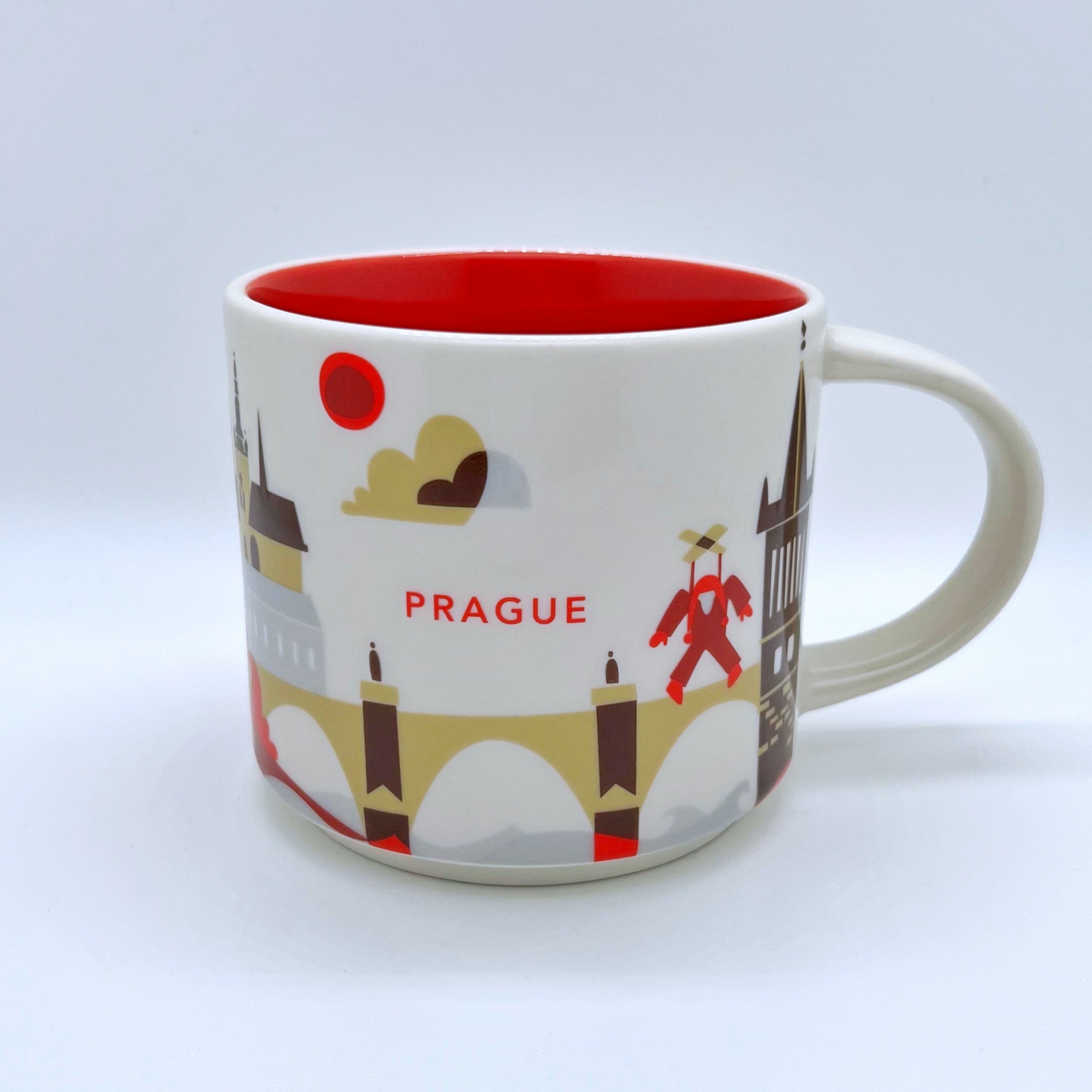 Kaffee Tee und Cappuccino Tasse von Starbucks mit gemalten Bildern aus der Stadt Prag 2016