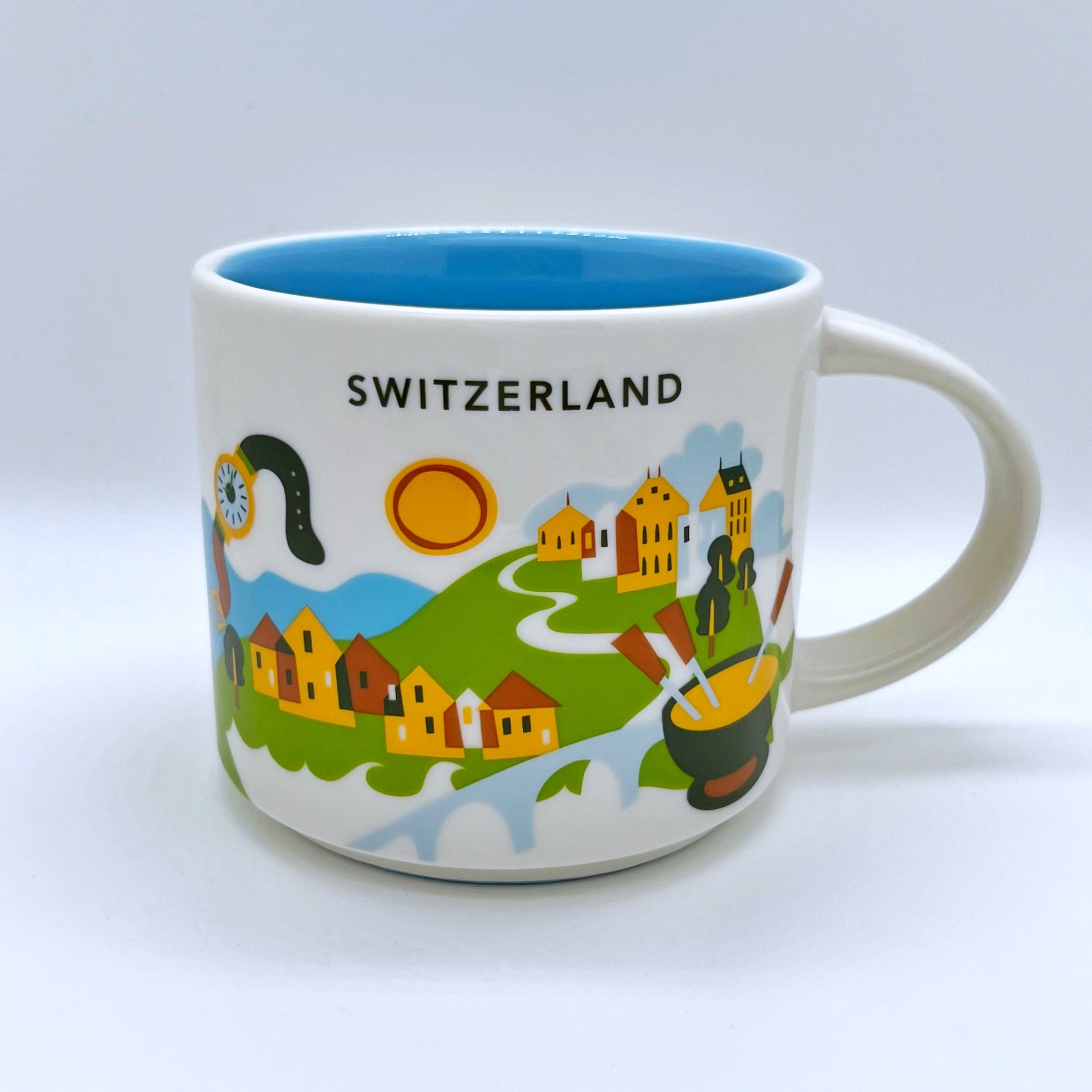 Kaffee Tee und Cappuccino Tasse von Starbucks mit gemalten Bildern aus dem Land Schweiz