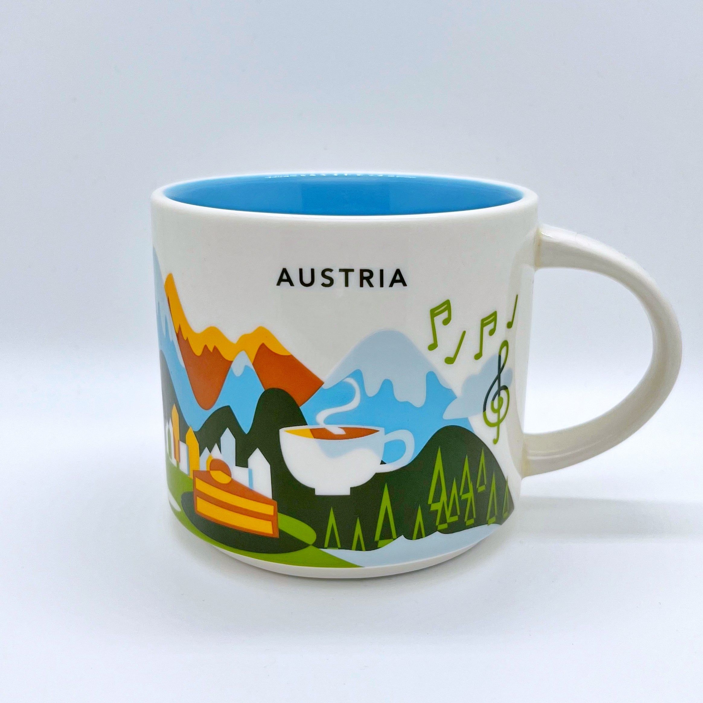 Kaffee Tee oder Cappuccino Tasse von Starbucks mit gemalten Bildern aus dem Land Österreich