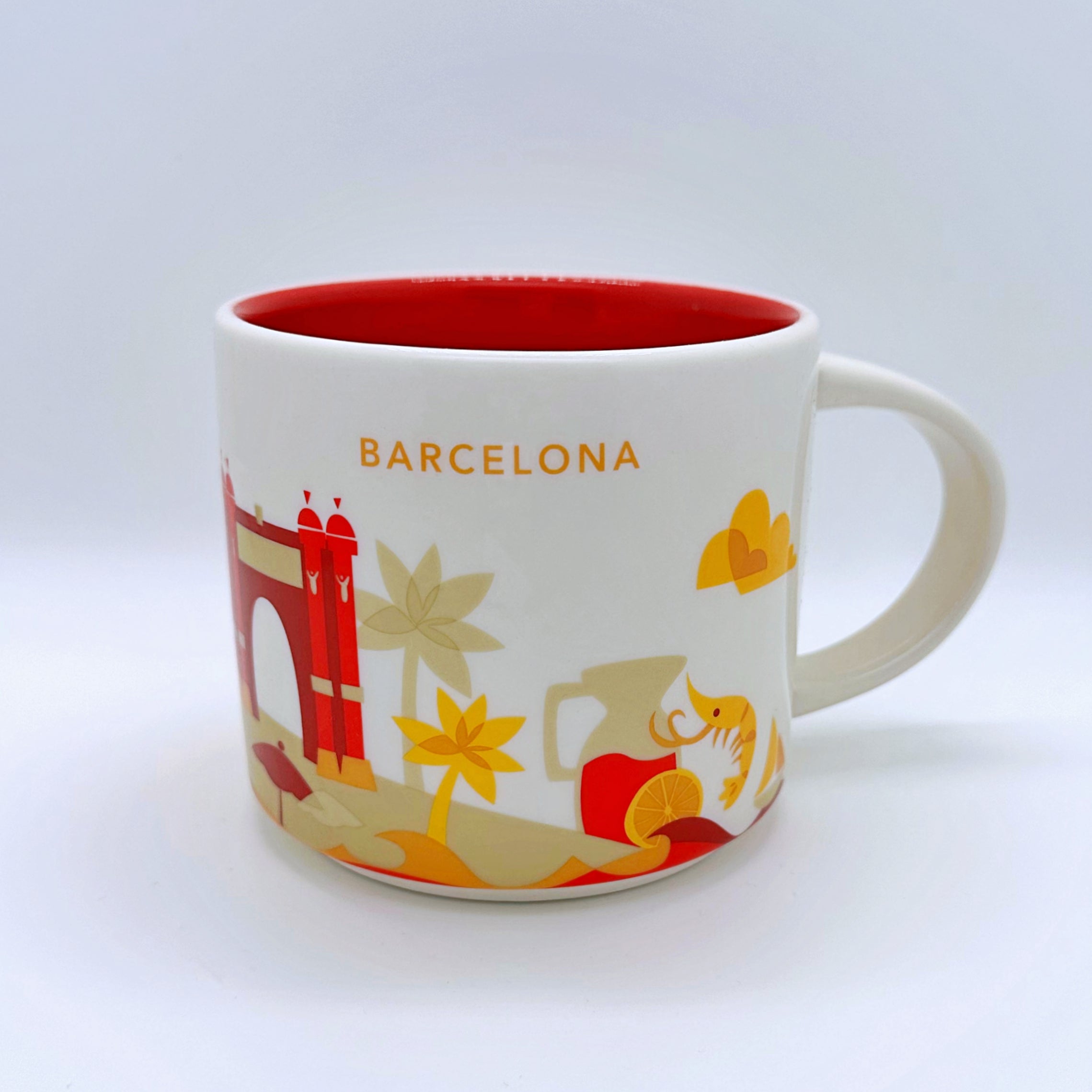 Kaffee Tee und Cappuccino Tasse von Starbucks mit gemalten Bildern aus der Stadt Barcelona