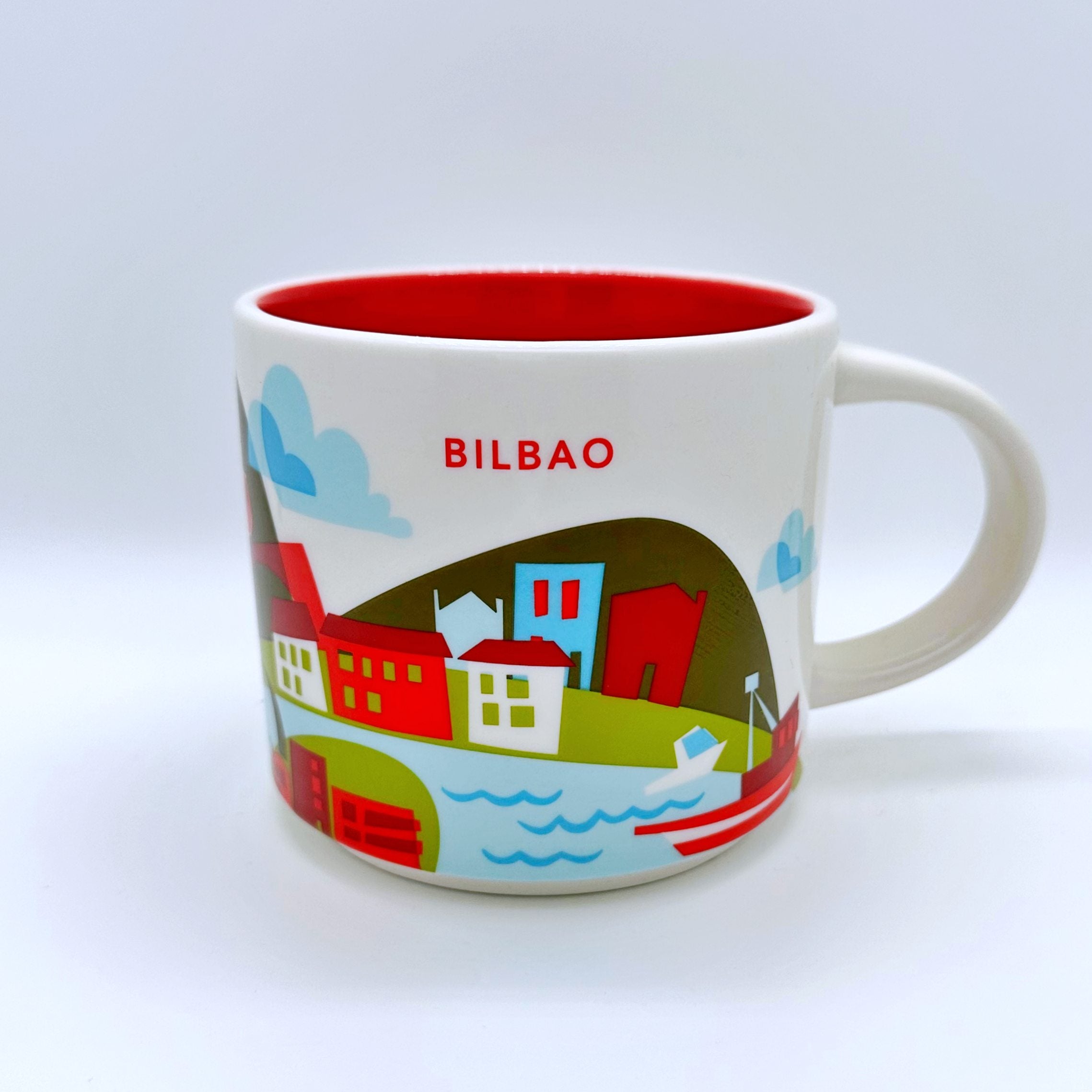 Kaffee Tee und Cappuccino Tasse von Starbucks mit gemalten Bildern aus der Stadt Bilbao