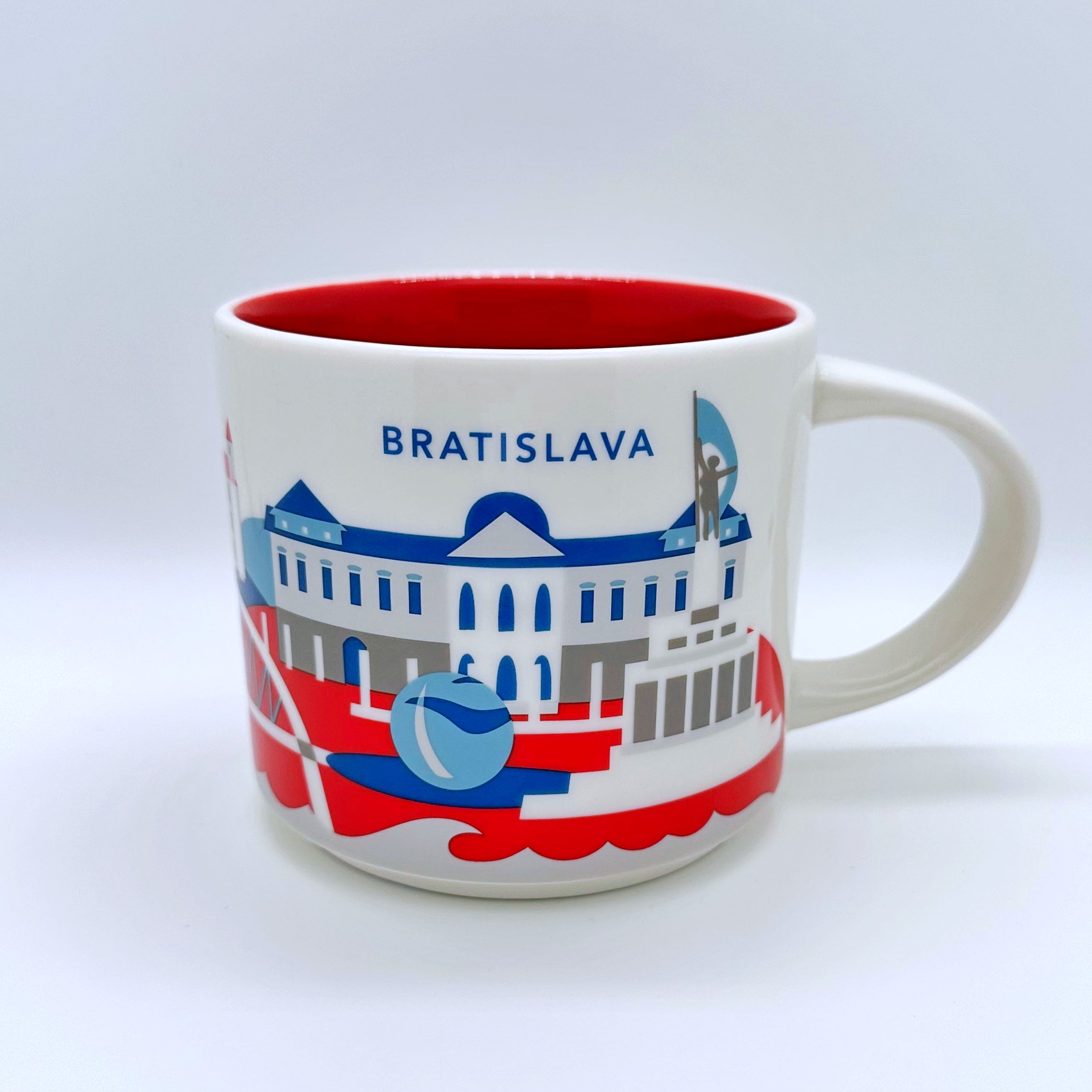 Kaffee Tee oder Cappuccino Tasse von Starbucks mit gemalten Bildern aus der Stadt Bratislava