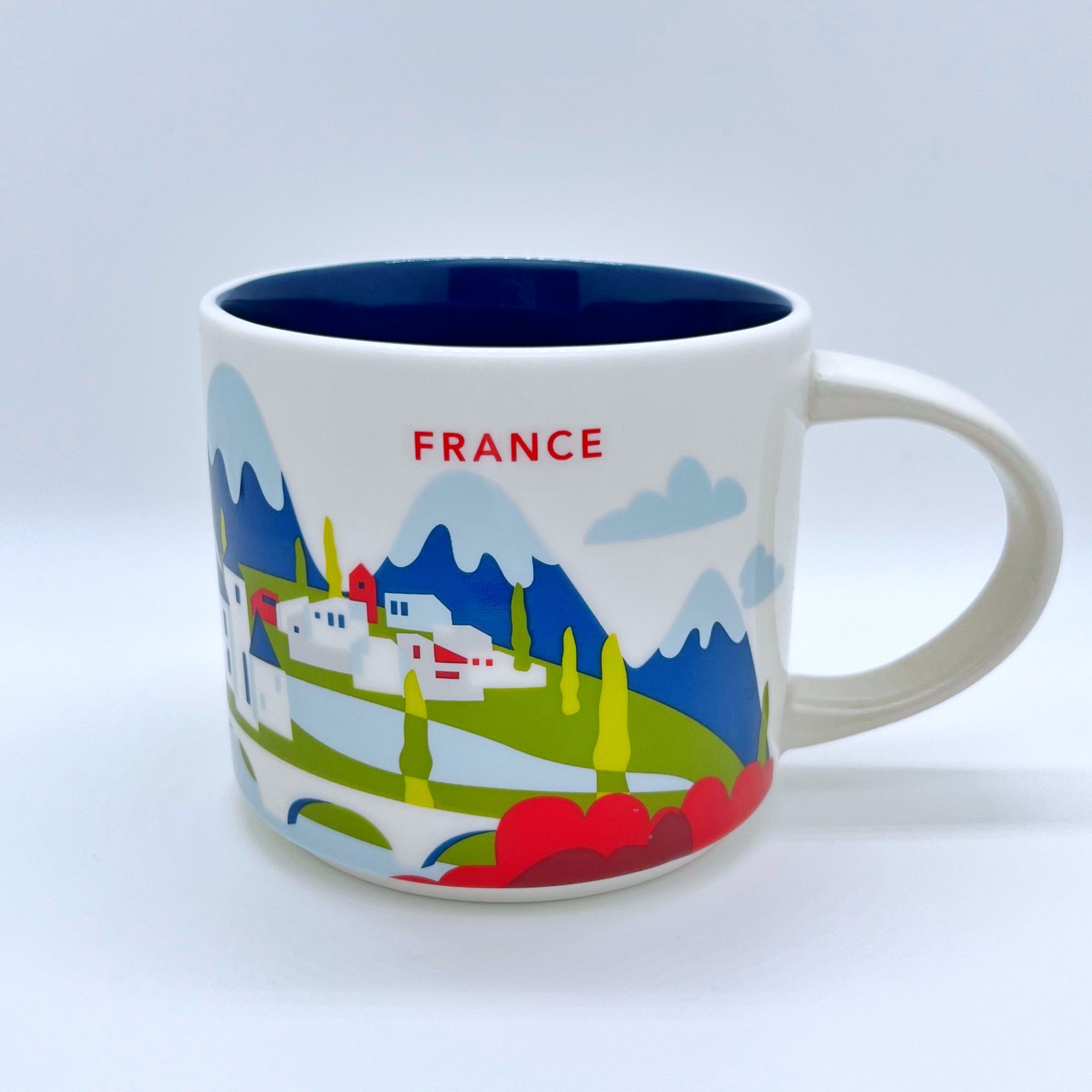 Kaffee Tee und Cappuccino Tasse von Starbucks mit gemalten Bildern aus dem Land Frankreich