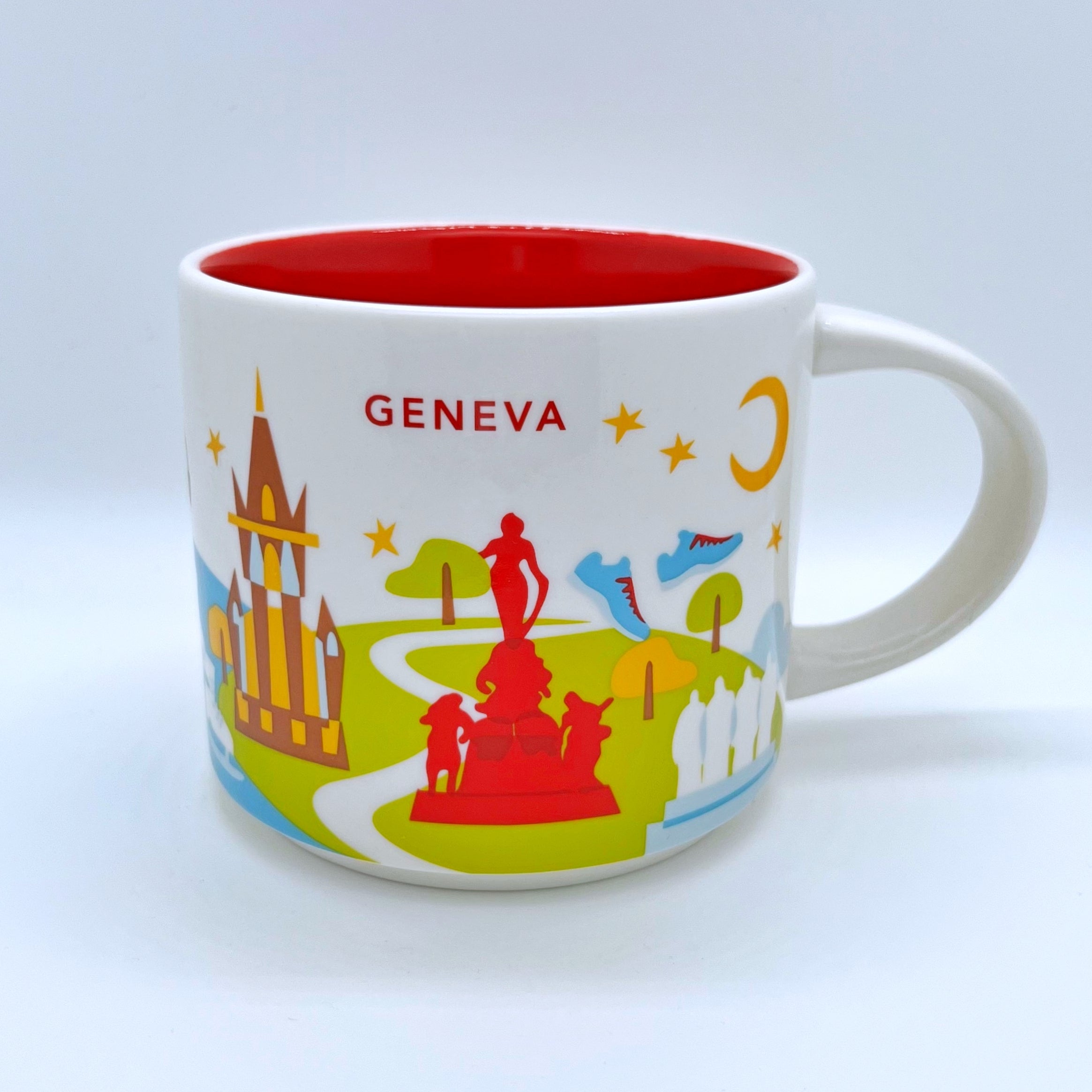 Kaffee Tee und Cappuccino Tasse von Starbucks mit gemalten Bildern aus der Stadt Geneva