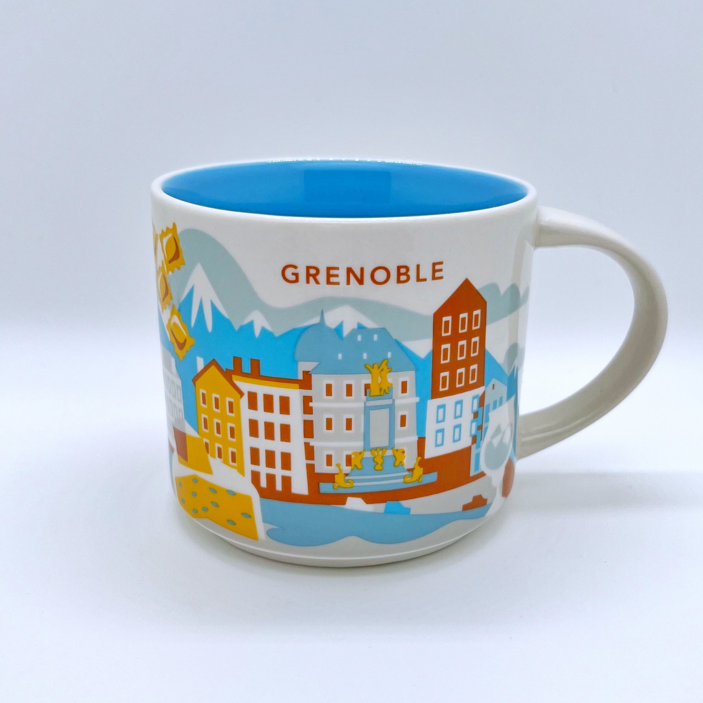 Kaffee Tee und Cappuccino Tasse von Starbucks mit gemalten Bildern aus der Stadt Grenoble
