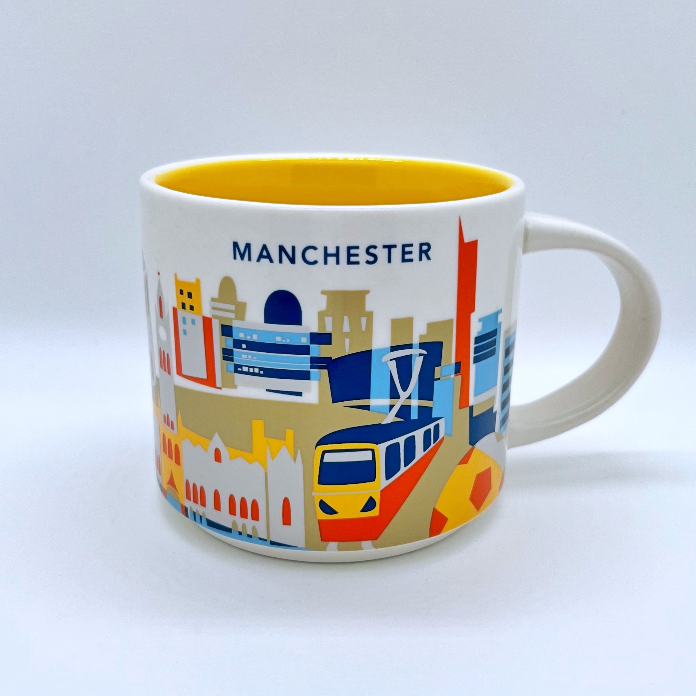 Kaffee Tee und Cappuccino Tasse von Starbucks mit gemalten Bildern aus der Stadt Manchester