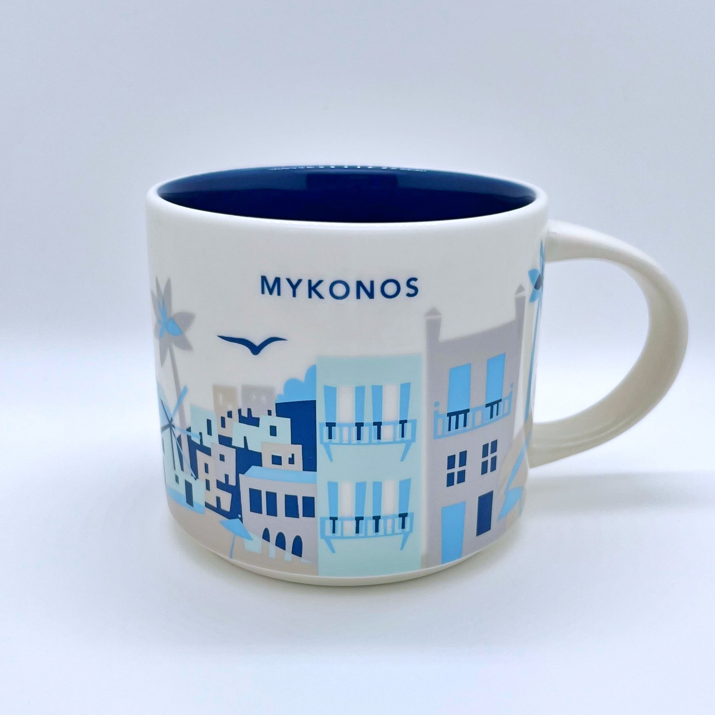 Kaffee Tee und Cappuccino Tasse von Starbucks mit gemalten Bildern aus der Stadt Mykonos