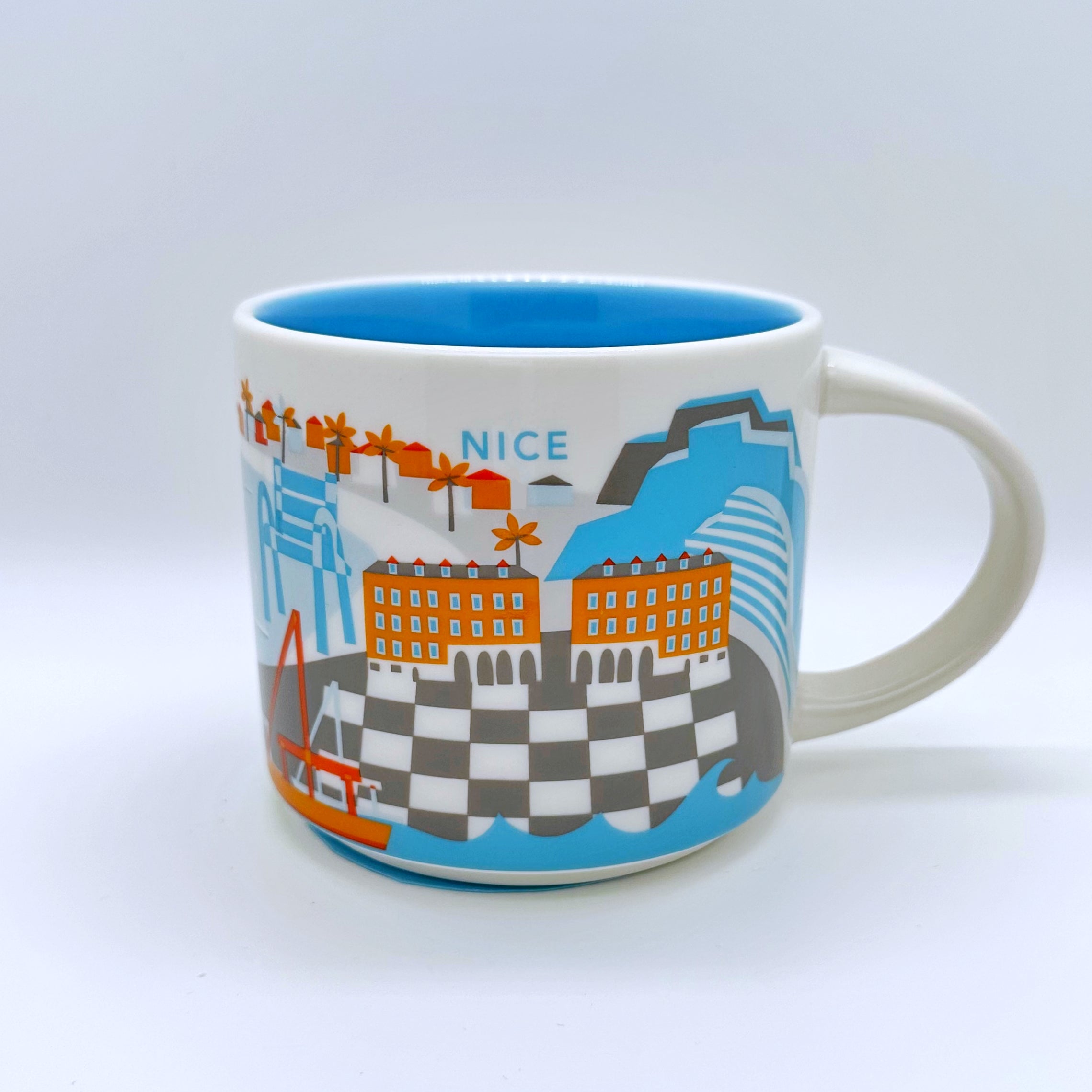 Kaffee Cappuccino oder Tee Tasse von Starbucks mit gemalten Bildern aus der Stadt Nizza