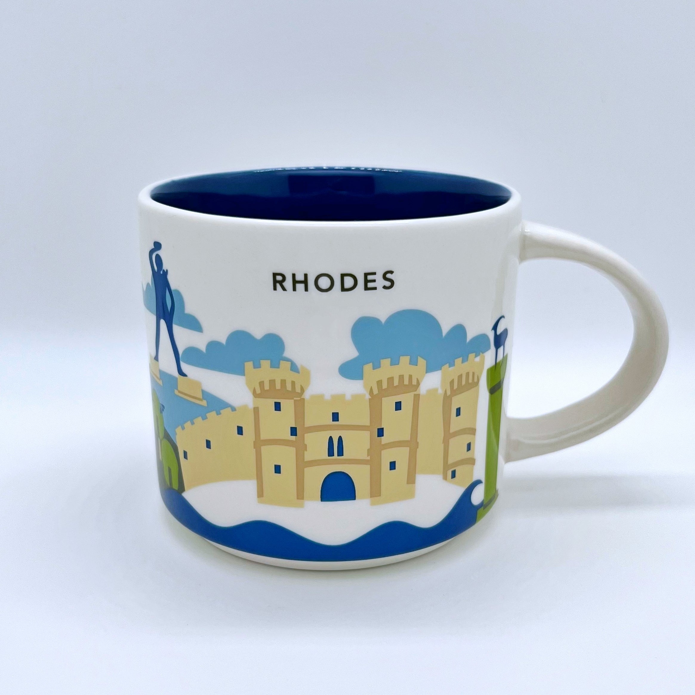 Kaffee Cappuccino oder Tee Tasse von Starbucks mit gemalten Bildern von der Insel Rhodos