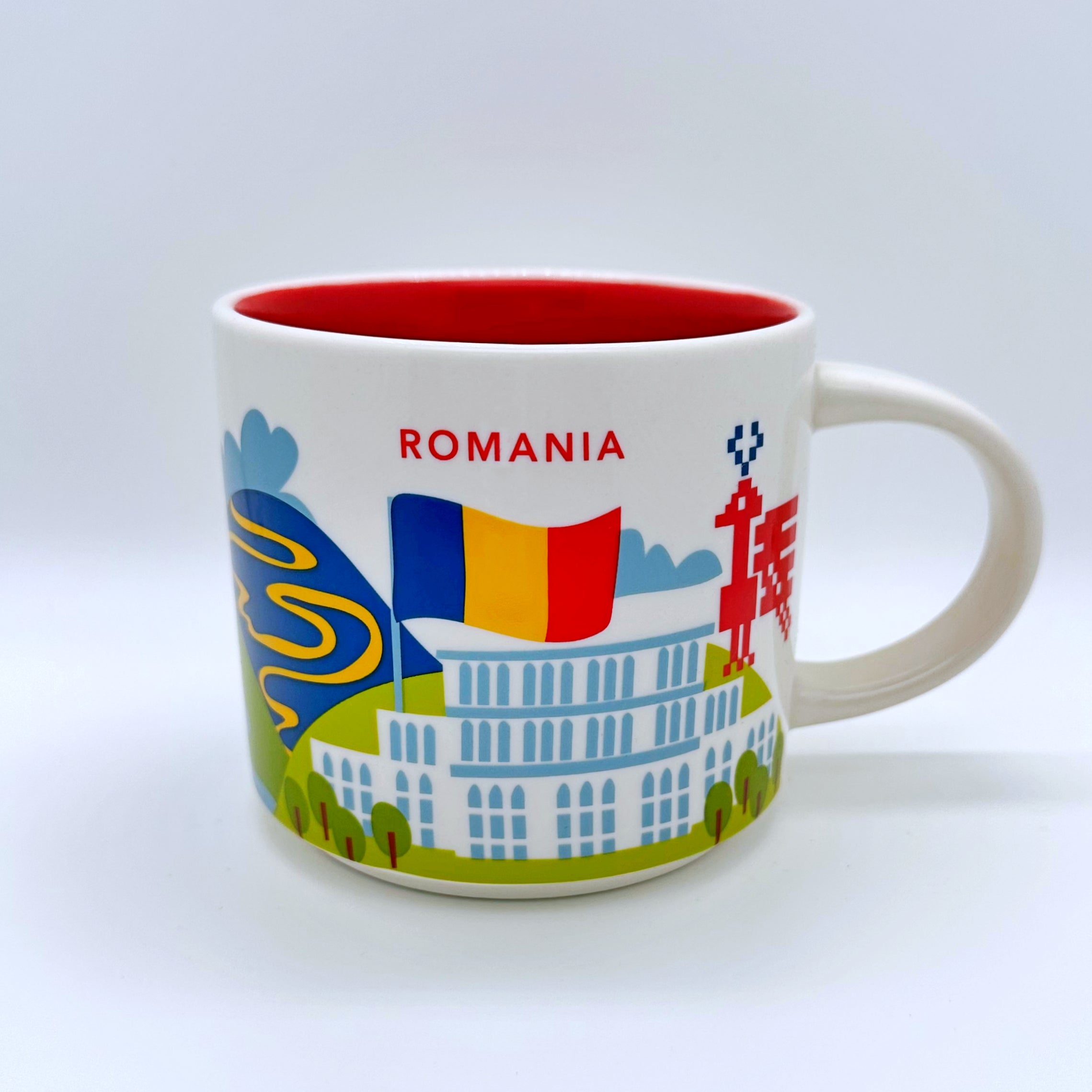 Kaffee Cappuccino oder Tee Tasse von Starbucks mit gemalten Bildern aus dem Land Rumänien