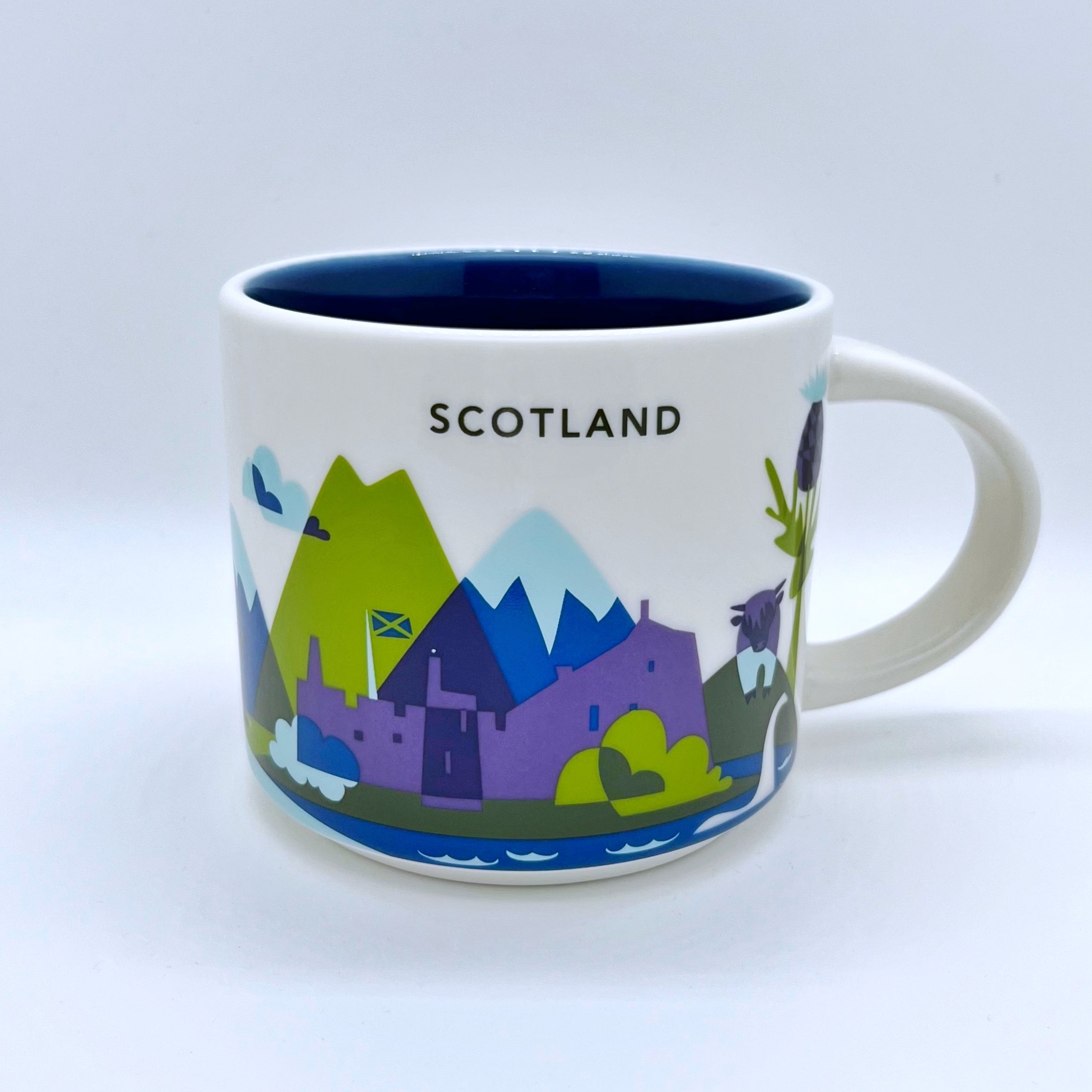 Kaffee Cappuccino oder Tee Tasse von Starbucks mit gemalten Bildern aus dem Land Schottland