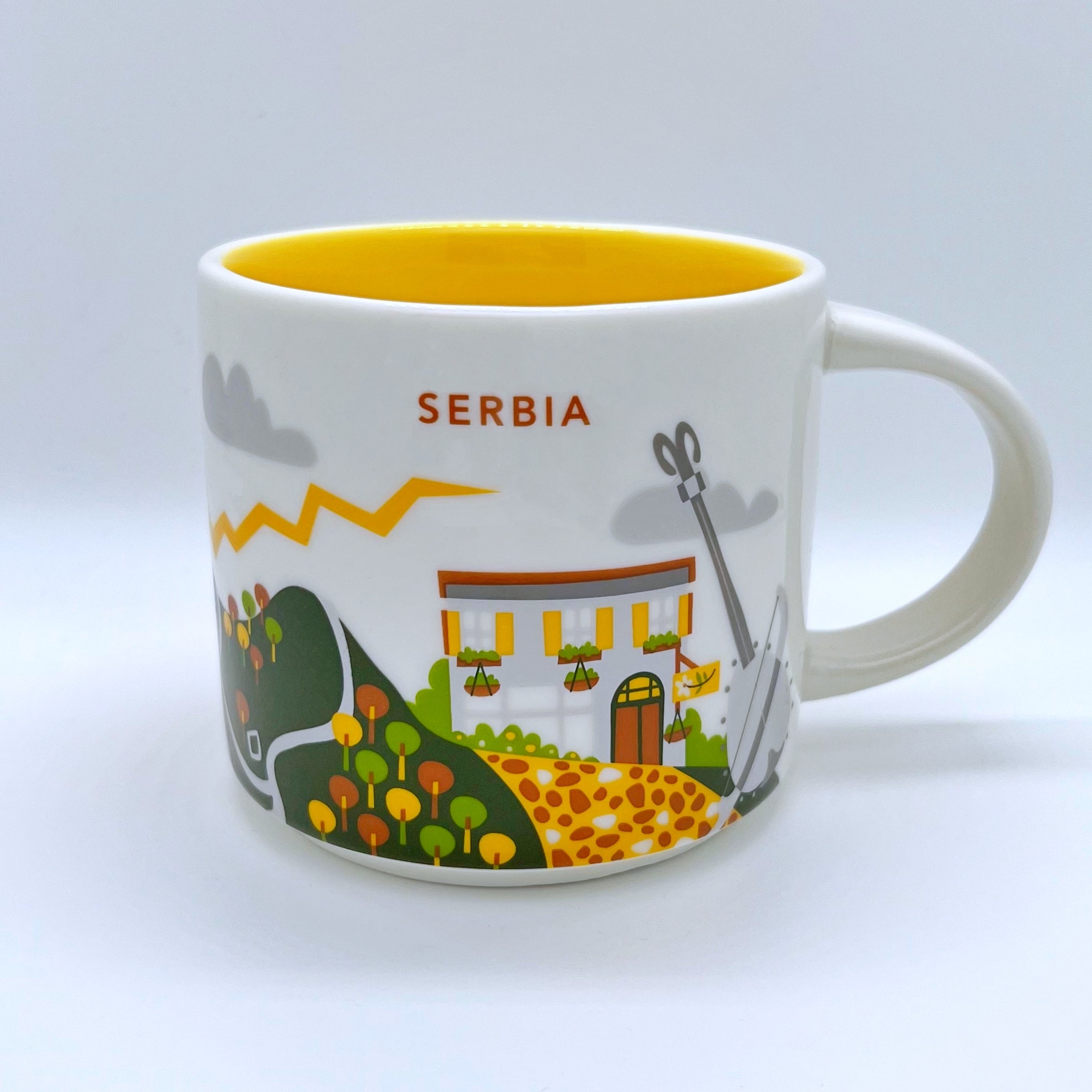 Kaffee Tee und Cappuccino Tasse von Starbucks mit gemalten Bildern aus dem Land Serbien