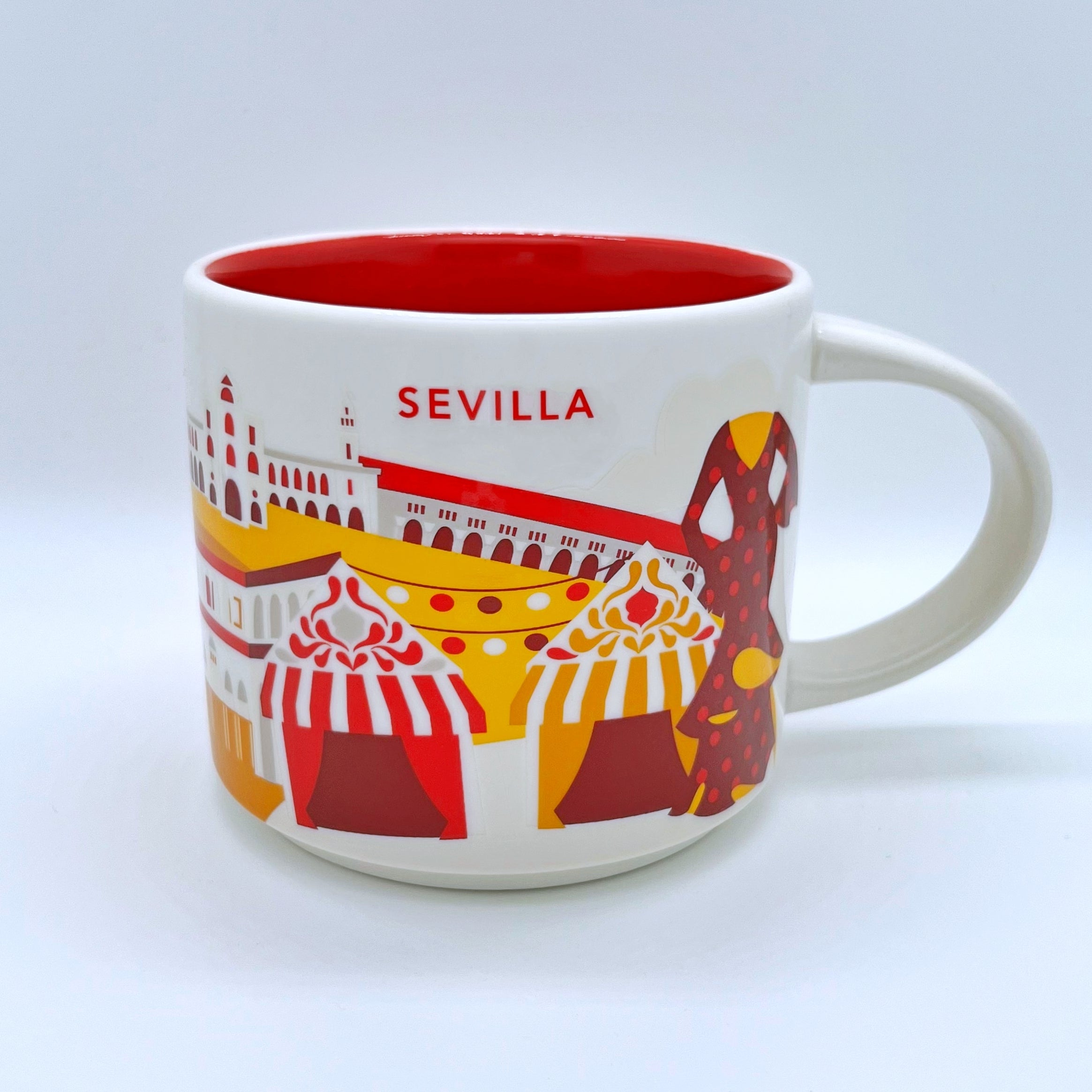 Kaffee Tee und Cappuccino Tasse von Starbucks mit gemalten Bildern aus der Stadt Sevilla