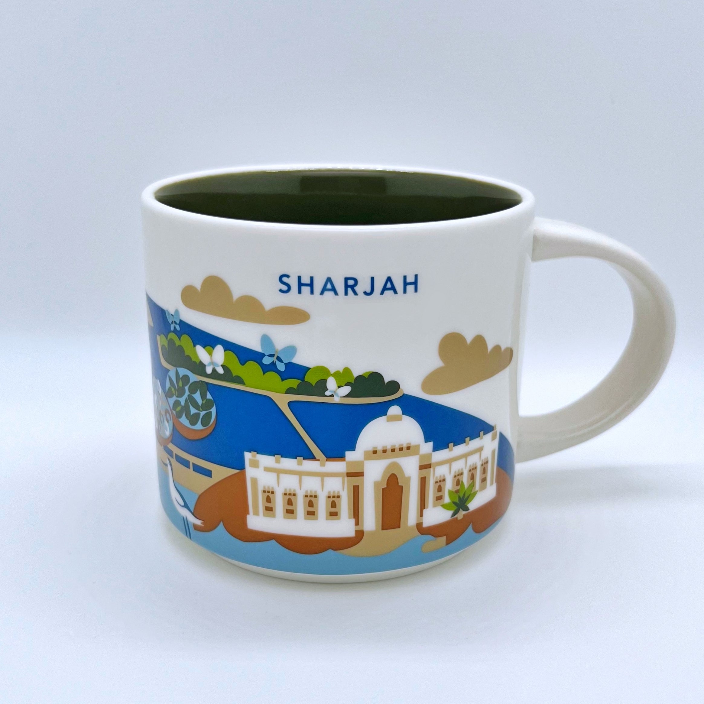 Kaffee Cappuccino oder Tee Tasse von Starbucks mit gemalten Bildern aus der Stadt Sharjah