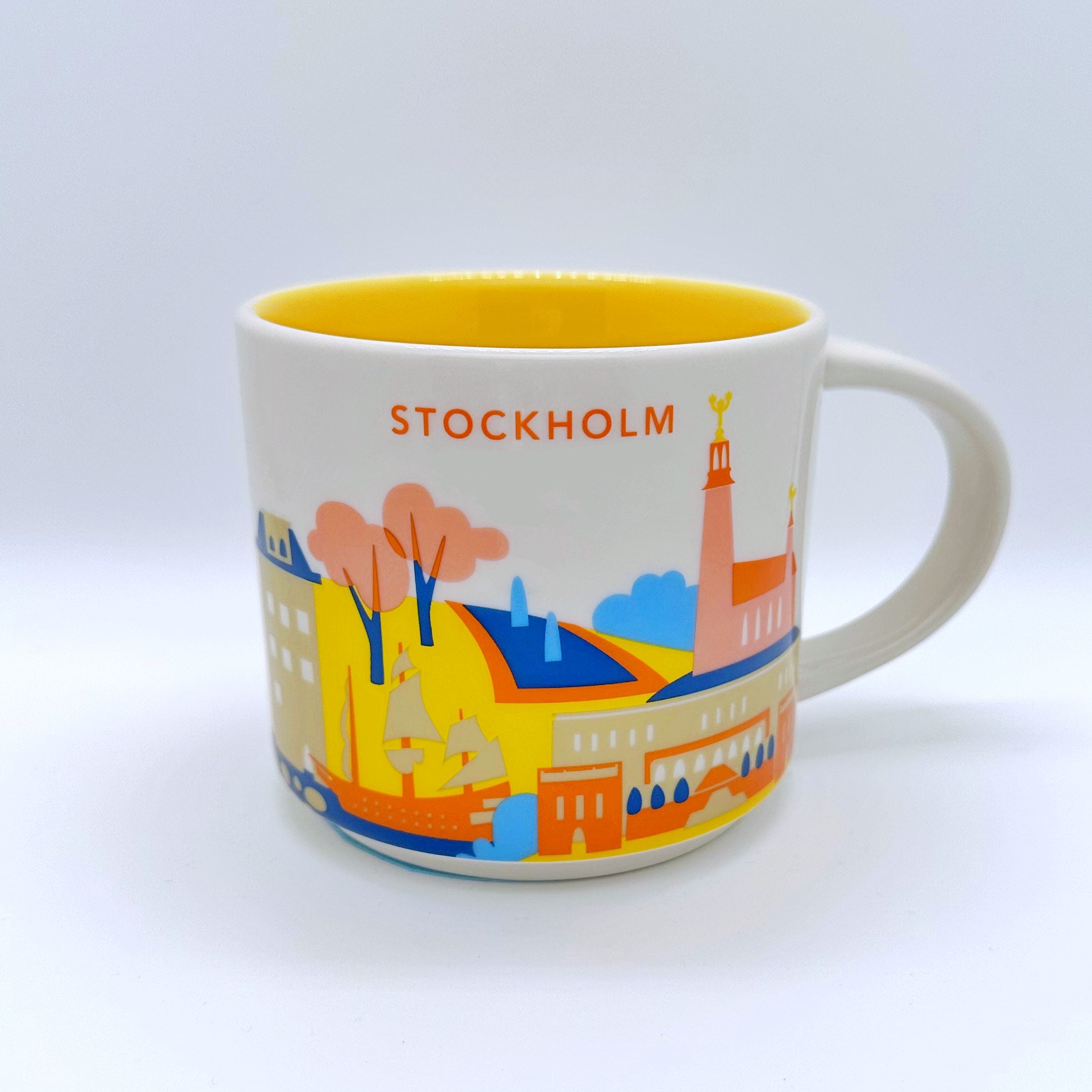 Kaffee Cappuccino oder Tee Tasse von Starbucks mit gemalten Bildern aus der Stadt Stockholm