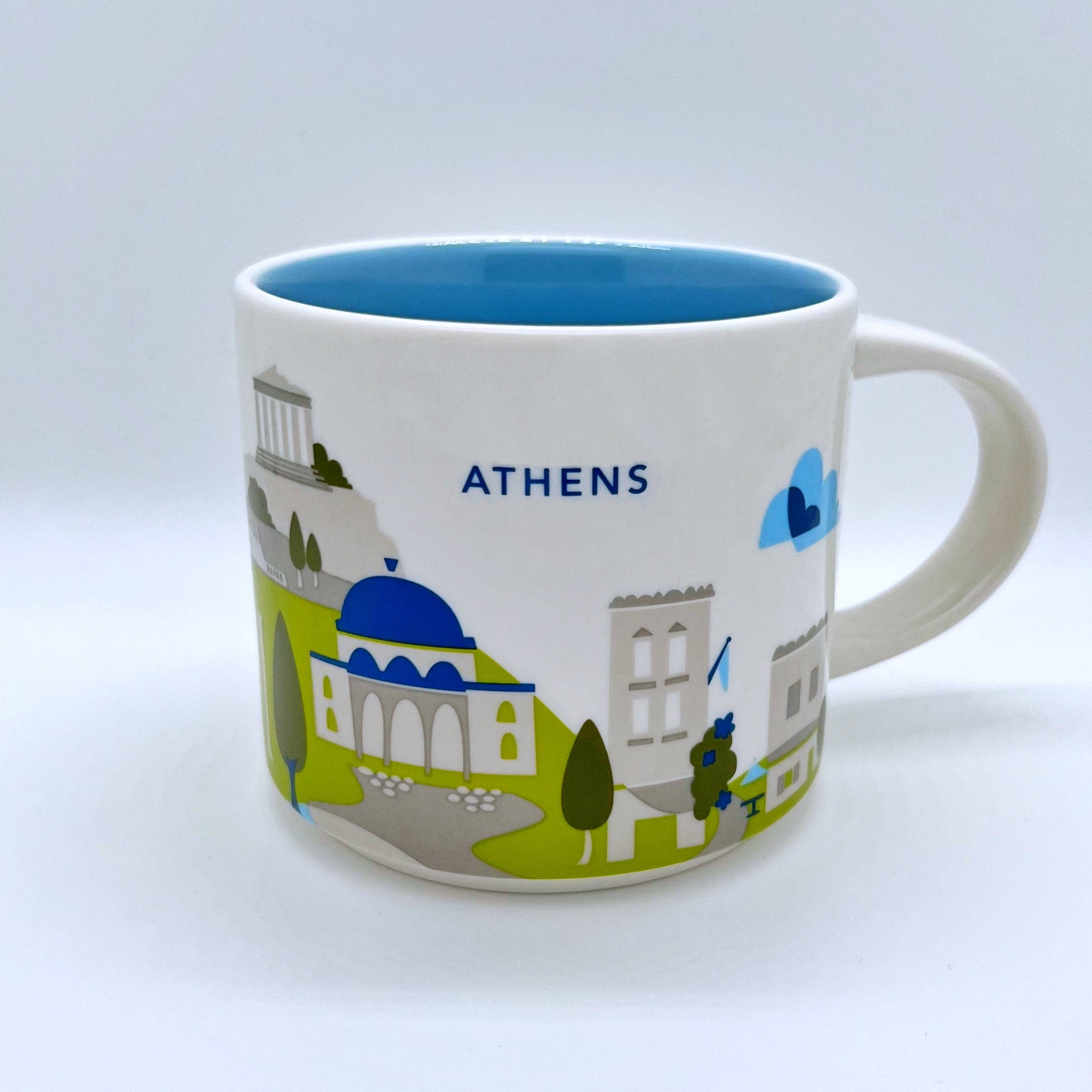 Kaffee Tee und Cappuccino Tasse von Starbucks mit gemalten Bildern aus der Stadt Athen