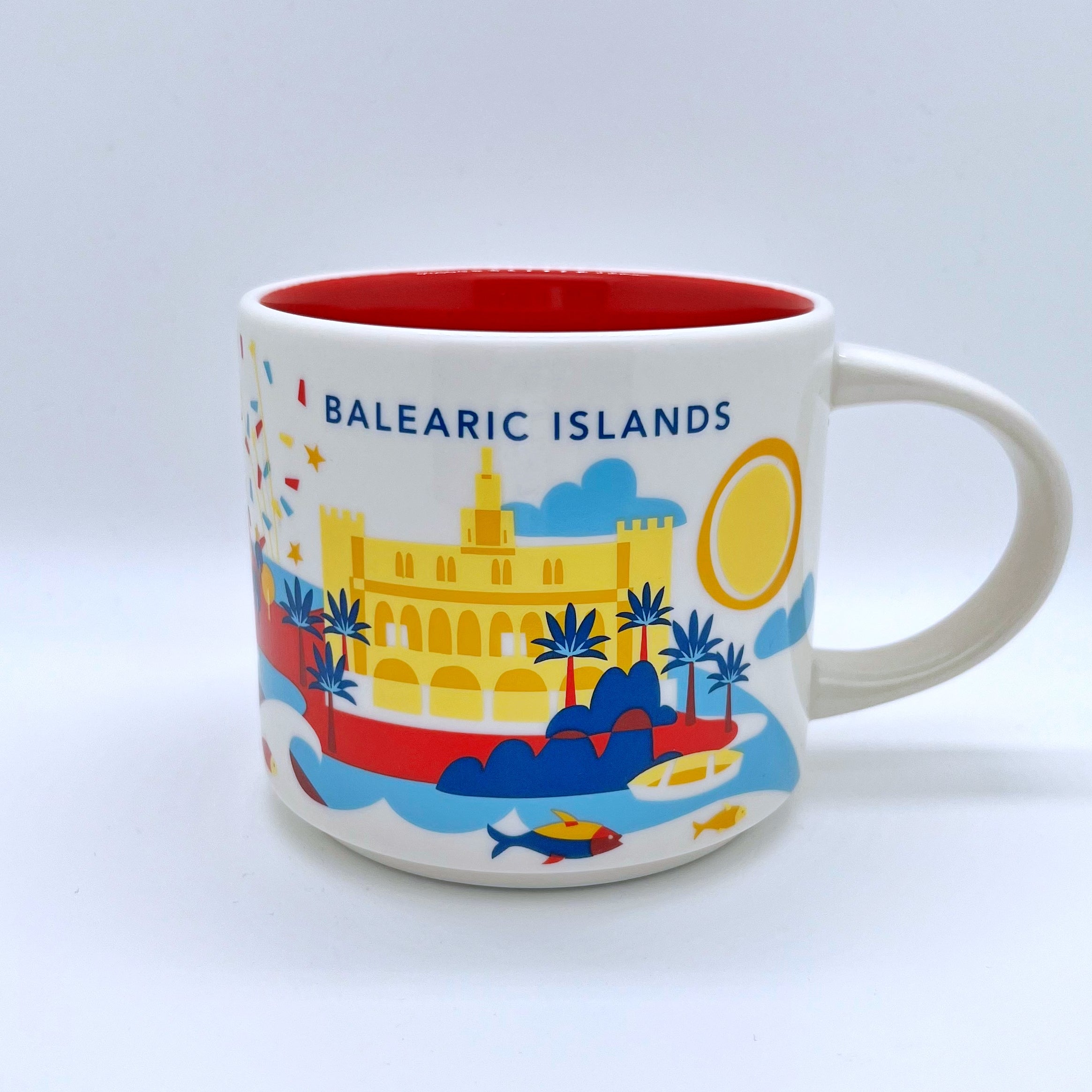 Kaffee Tee und Cappuccino Tasse von Starbucks mit gemalten Bildern aus der Stadt Balearic Islands
