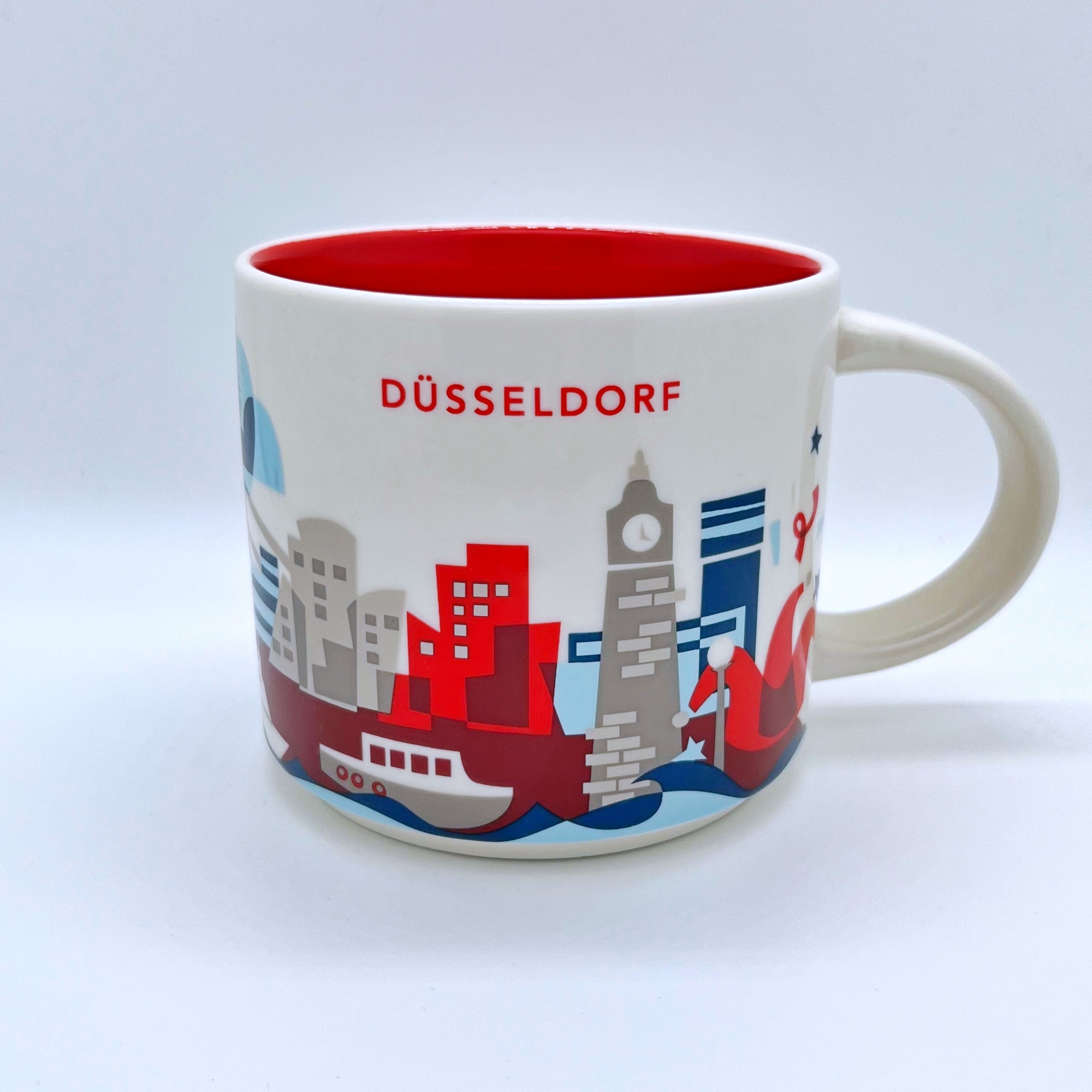 Kaffee Tee und Cappuccino Tasse von Starbucks mit gemalten Bildern aus der Stadt Düsseldorf